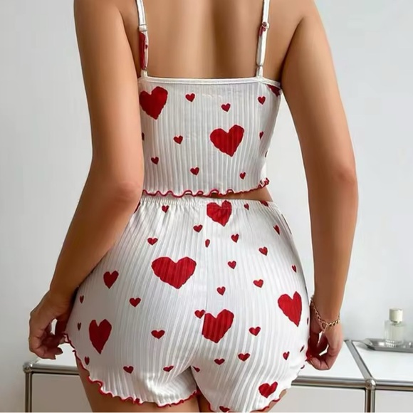 Heart Print Women's Pajama Set - White and Red - Picture 2 of 3